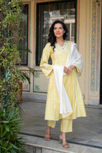 Juniper Mustard Brocade Embroidered Kurta-Palazzo & Dupatta Set with Thread Work, Cotton Lace & Sequins