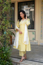 Juniper Mustard Brocade Embroidered Kurta-Palazzo & Dupatta Set with Thread Work, Cotton Lace & Sequins