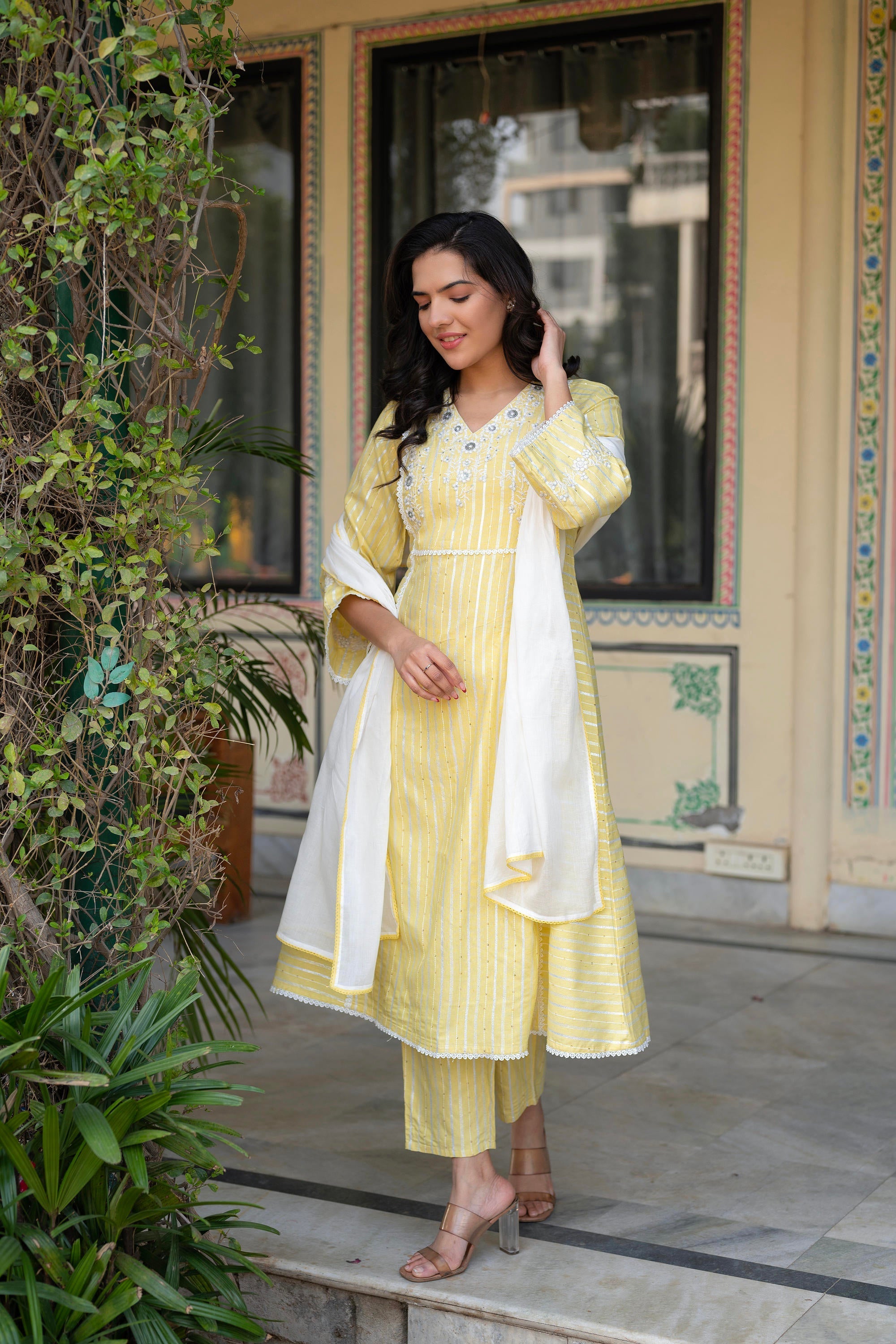 Juniper Mustard Brocade Embroidered Kurta-Palazzo & Dupatta Set with Thread Work, Cotton Lace & Sequins