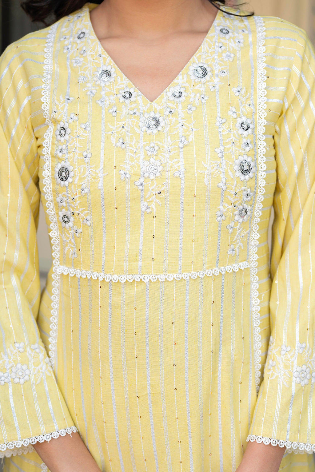 Juniper Mustard Brocade Embroidered Kurta-Palazzo & Dupatta Set with Thread Work, Cotton Lace & Sequins