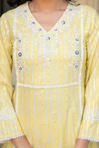 Juniper Mustard Brocade Embroidered Kurta-Palazzo & Dupatta Set with Thread Work, Cotton Lace & Sequins