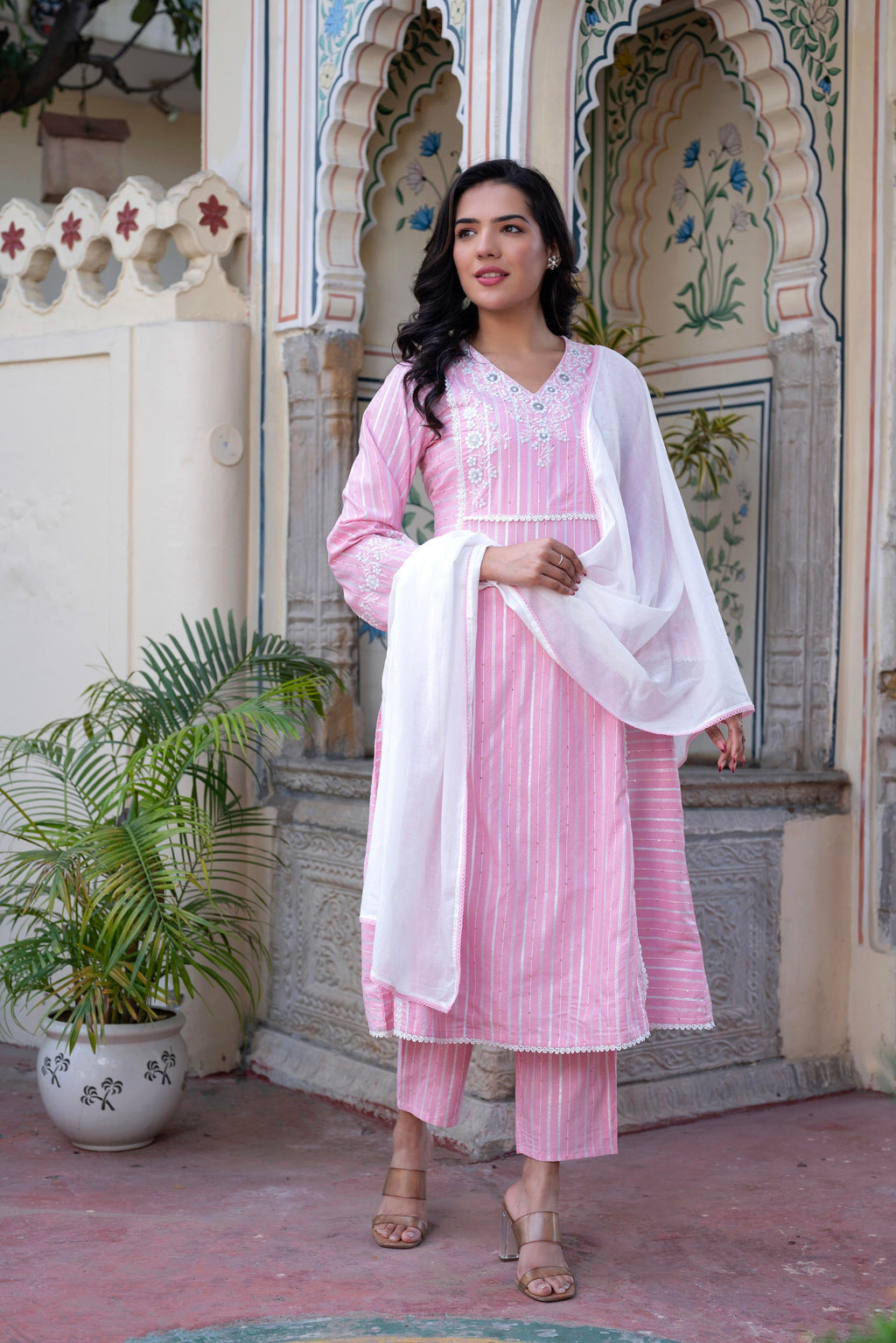 Juniper Pink Brocade Embroidered Kurta-Palazzo & Dupatta Set with Thread Work, Cotton Lace & Sequins
