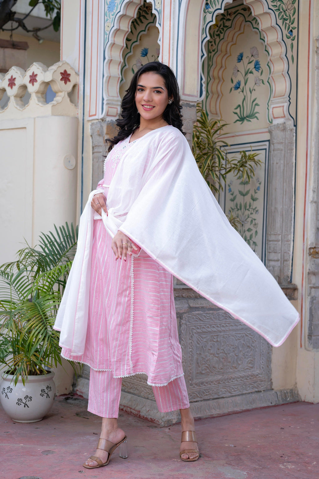 Juniper Pink Brocade Embroidered Kurta-Palazzo & Dupatta Set with Thread Work, Cotton Lace & Sequins