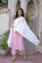 Juniper Pink Brocade Embroidered Kurta-Palazzo & Dupatta Set With Thread Work, Cotton Lace & Sequins - Distacart