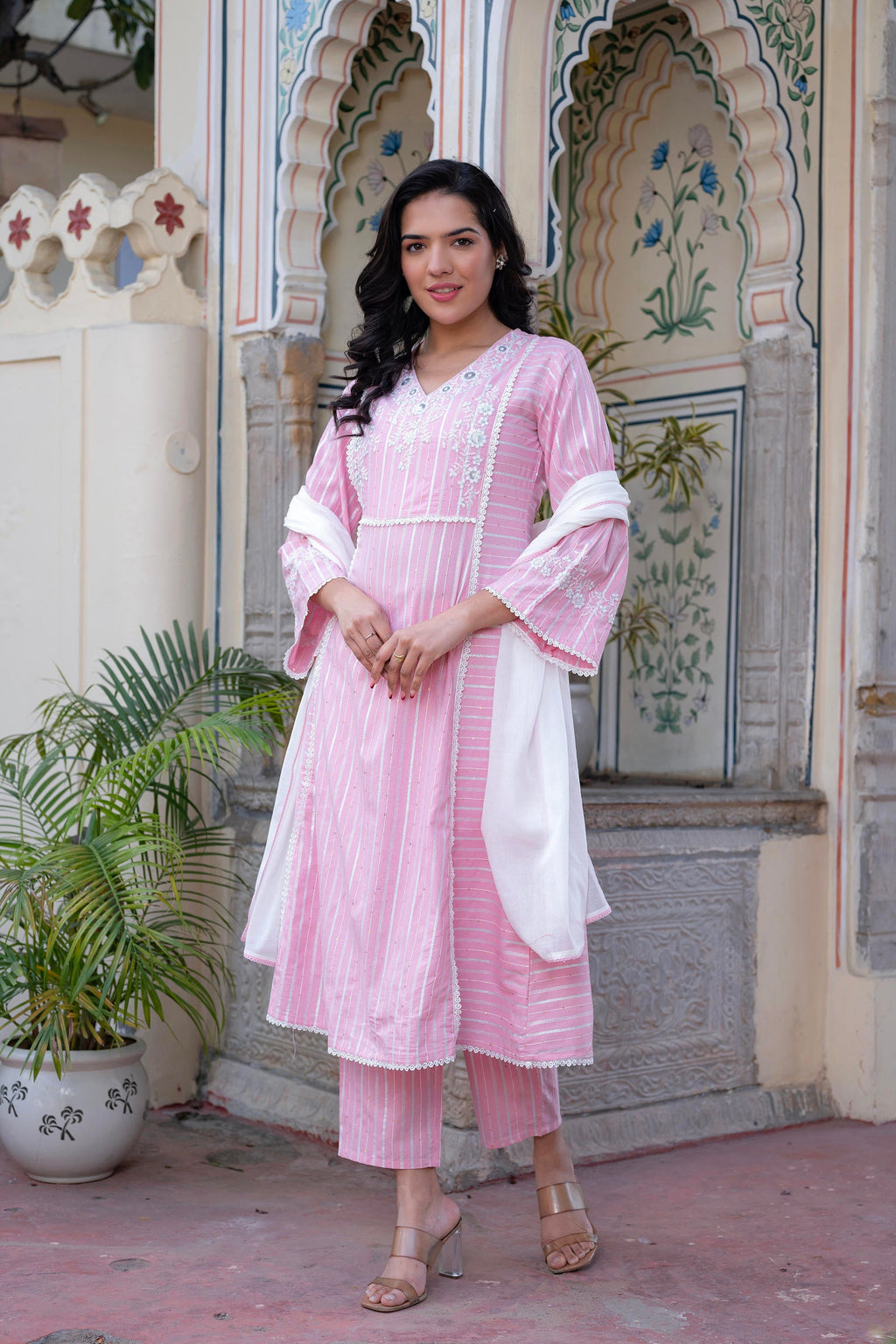 Juniper Pink Brocade Embroidered Kurta-Palazzo & Dupatta Set with Thread Work, Cotton Lace & Sequins