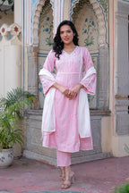 Juniper Pink Brocade Embroidered Kurta-Palazzo & Dupatta Set with Thread Work, Cotton Lace & Sequins