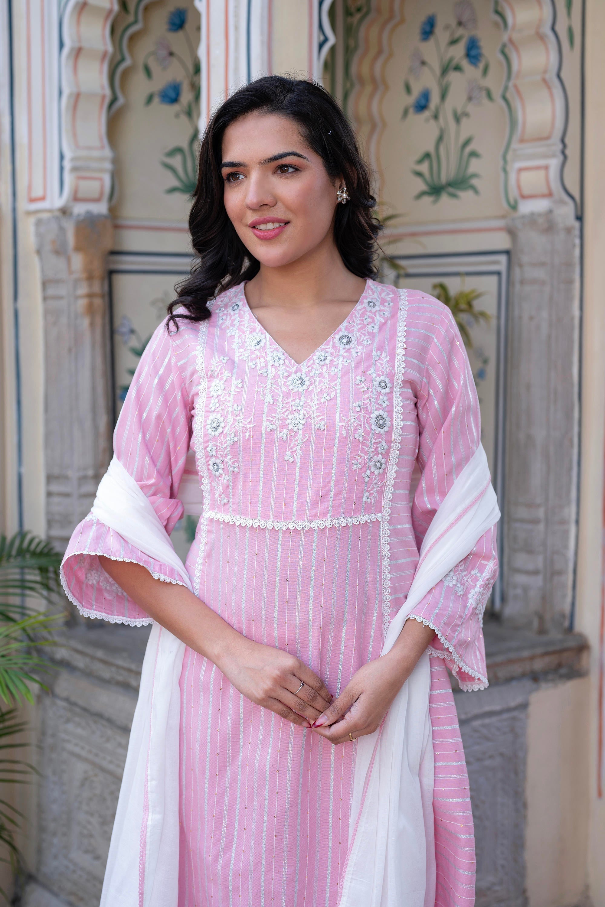 Juniper Pink Brocade Embroidered Kurta-Palazzo & Dupatta Set with Thread Work, Cotton Lace & Sequins