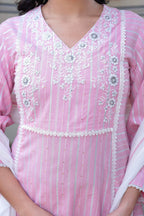 Juniper Pink Brocade Embroidered Kurta-Palazzo & Dupatta Set with Thread Work, Cotton Lace & Sequins