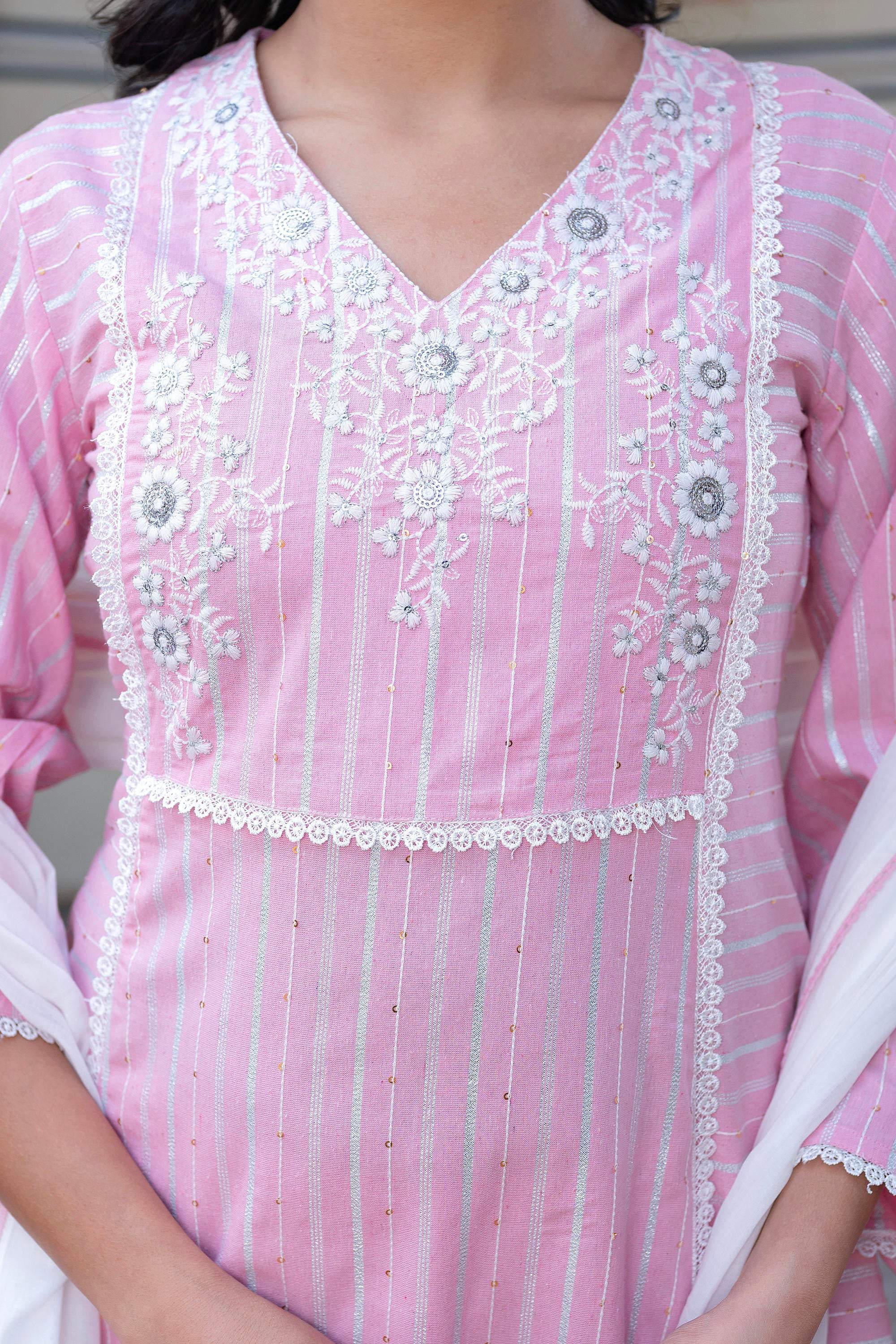 Juniper Pink Brocade Embroidered Kurta-Palazzo & Dupatta Set with Thread Work, Cotton Lace & Sequins