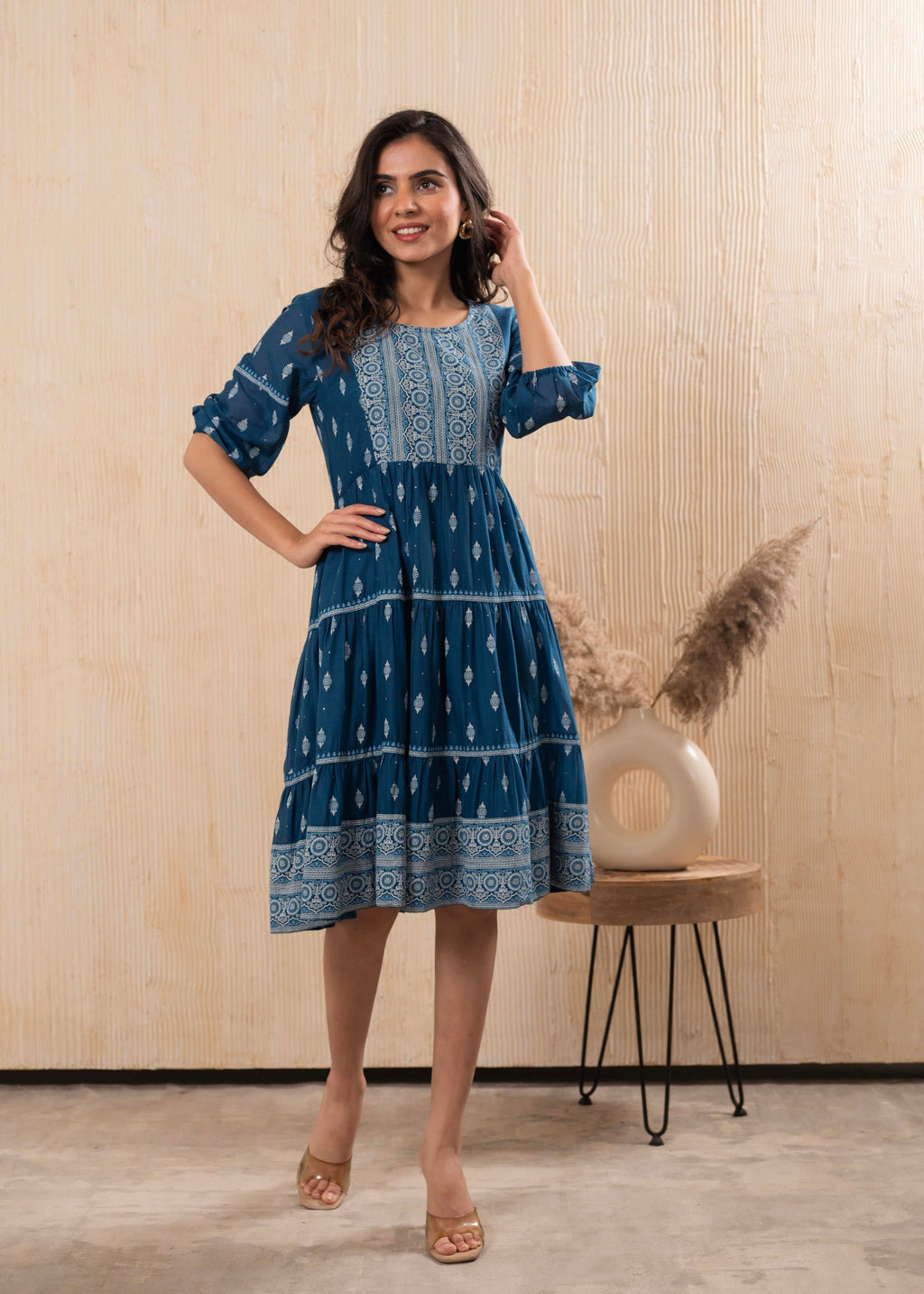 Juniper Indigo Blue Printed Boho Knee-Length Fit & Flare Dress - Distacart
