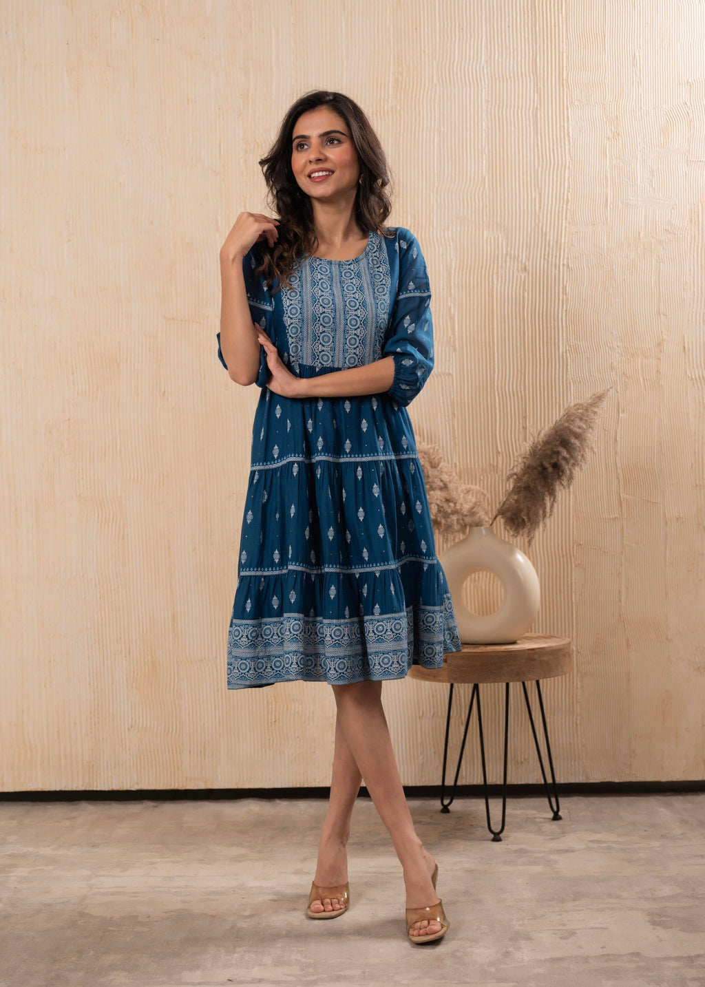 Juniper Indigo Blue Printed Boho Knee-Length Fit & Flare Dress - Distacart