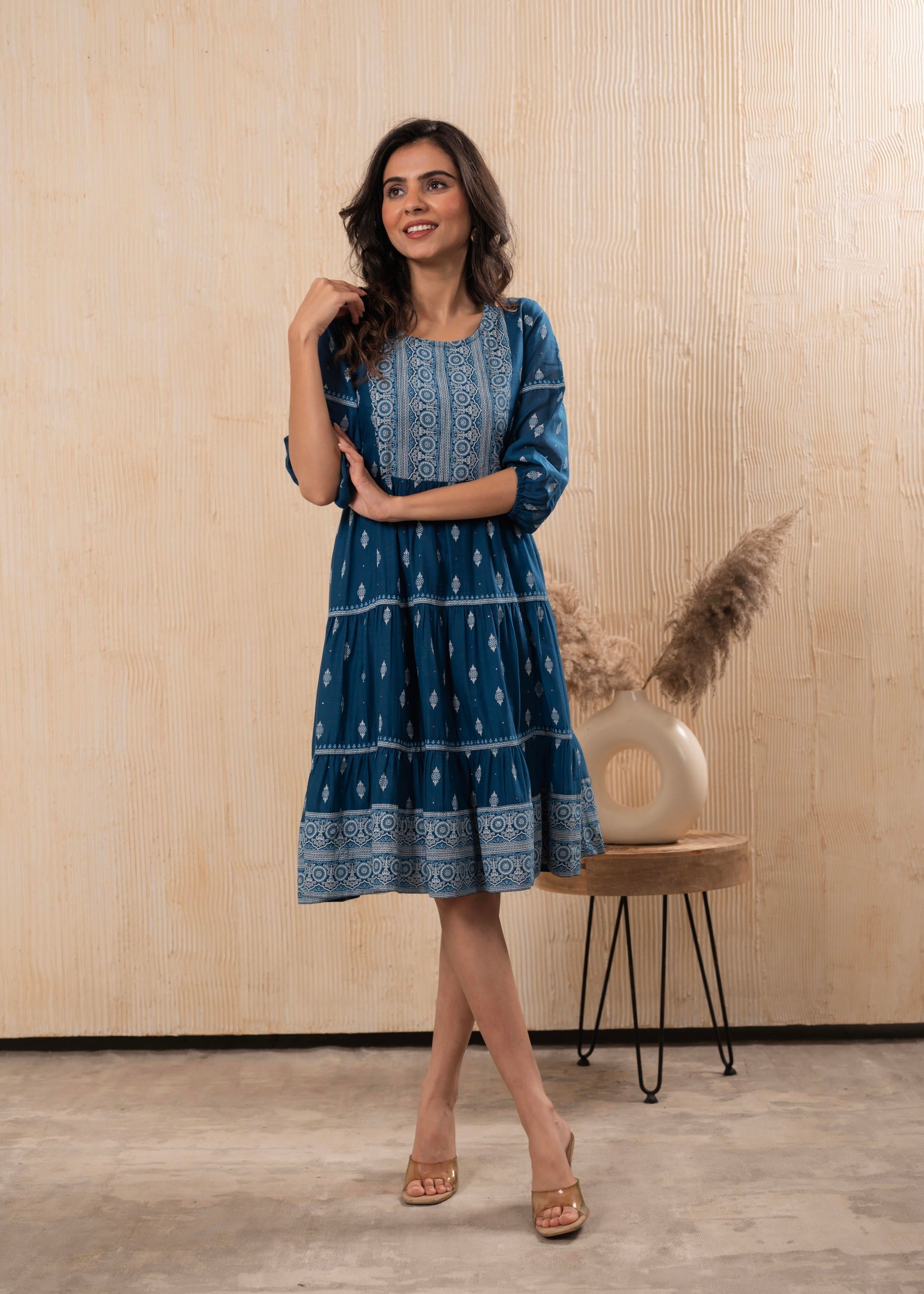 Juniper Indigo Blue Printed Boho Knee-Length Fit & Flare Dress - Distacart