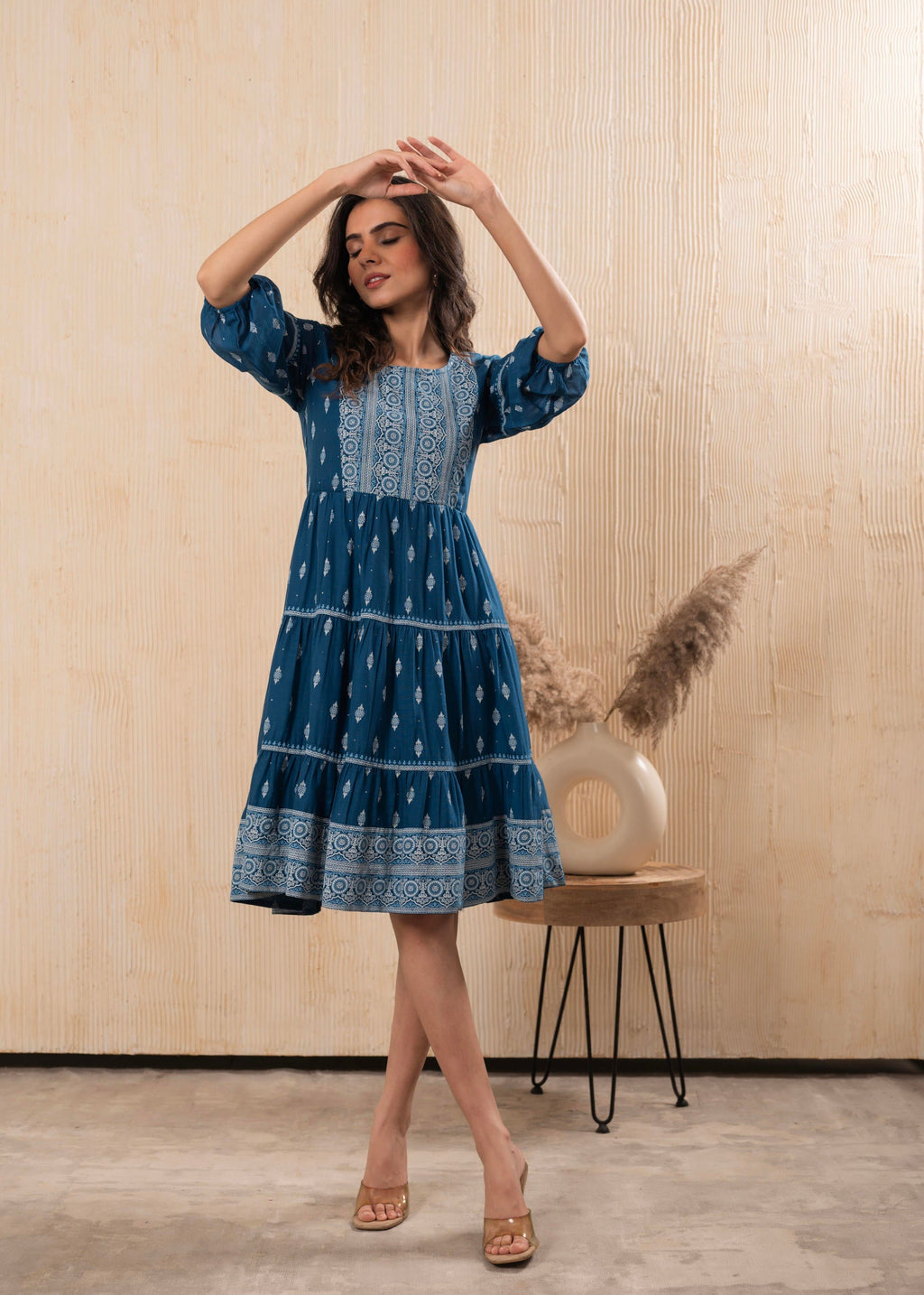 Juniper Indigo Blue Printed Boho Knee-Length Fit & Flare Dress - Distacart