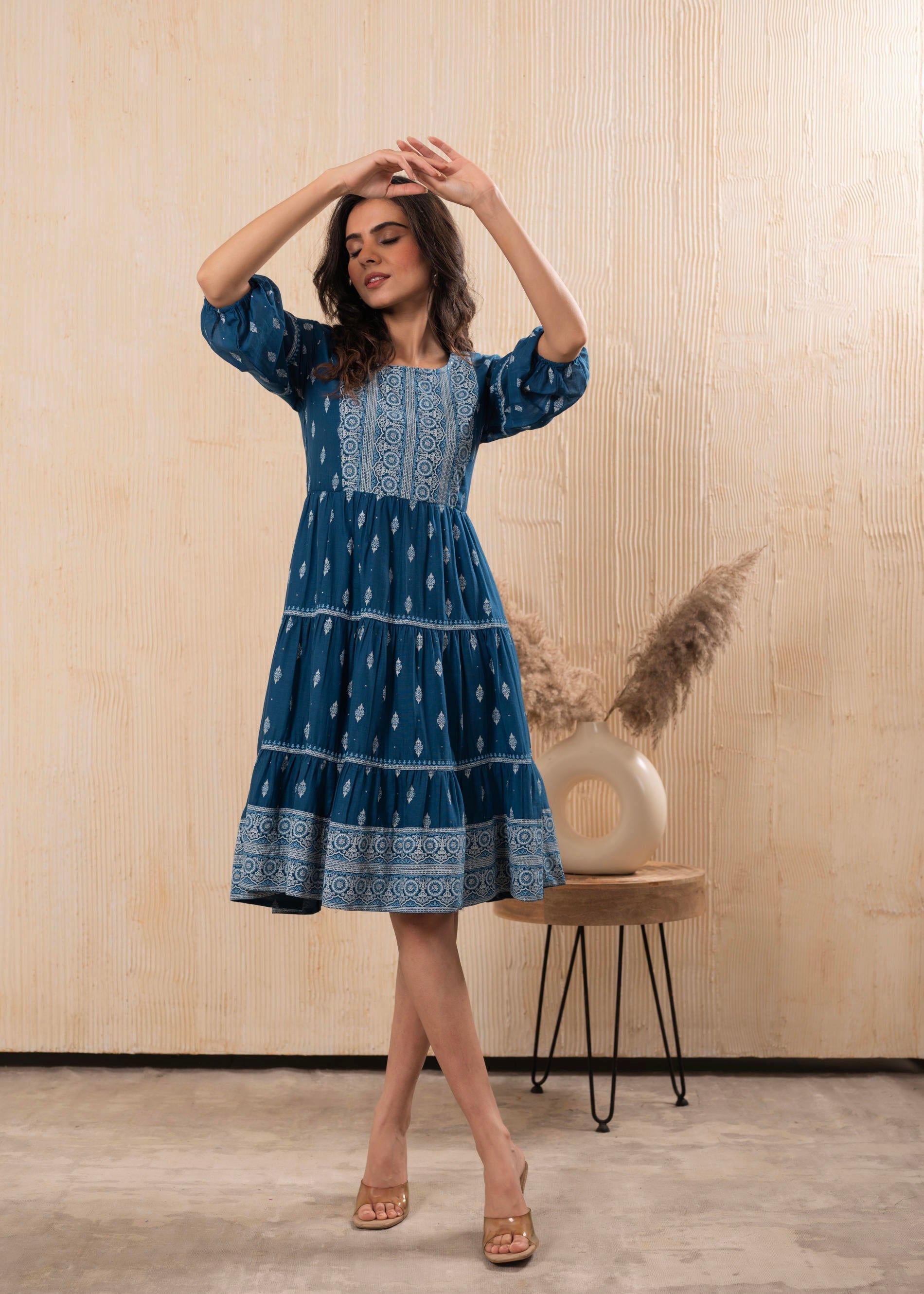Juniper Indigo Blue Printed Boho Knee-Length Fit & Flare Dress - Distacart