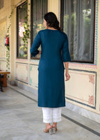 Juniper Blue Viscose Geometric Printed Kurta with Ethnic Motifs & Thread Work