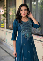 Juniper Blue Viscose Geometric Printed Kurta with Ethnic Motifs & Thread Work