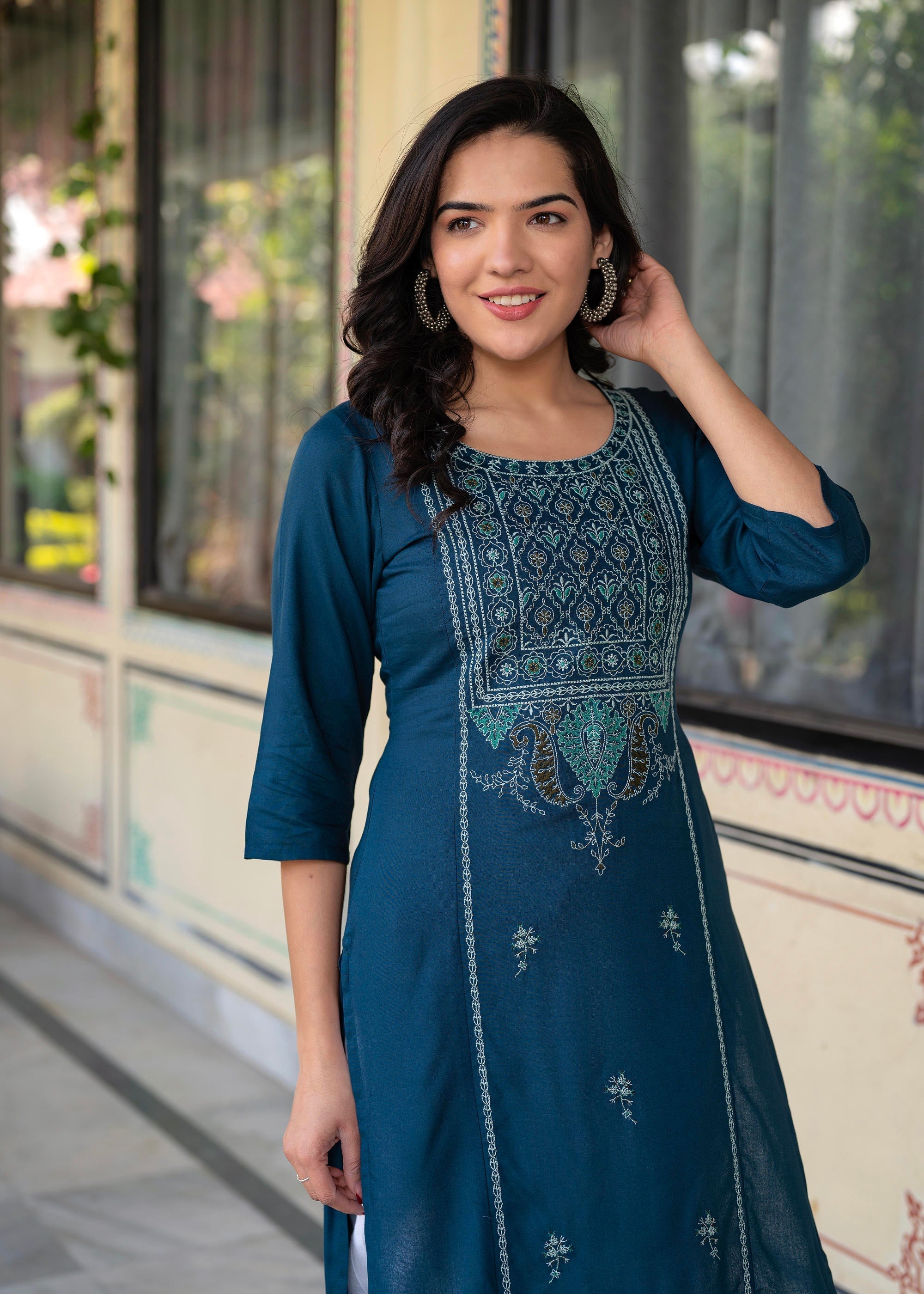 Juniper Blue Viscose Geometric Printed Kurta with Ethnic Motifs & Thread Work