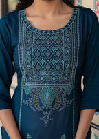 Juniper Blue Viscose Geometric Printed Kurta with Ethnic Motifs & Thread Work