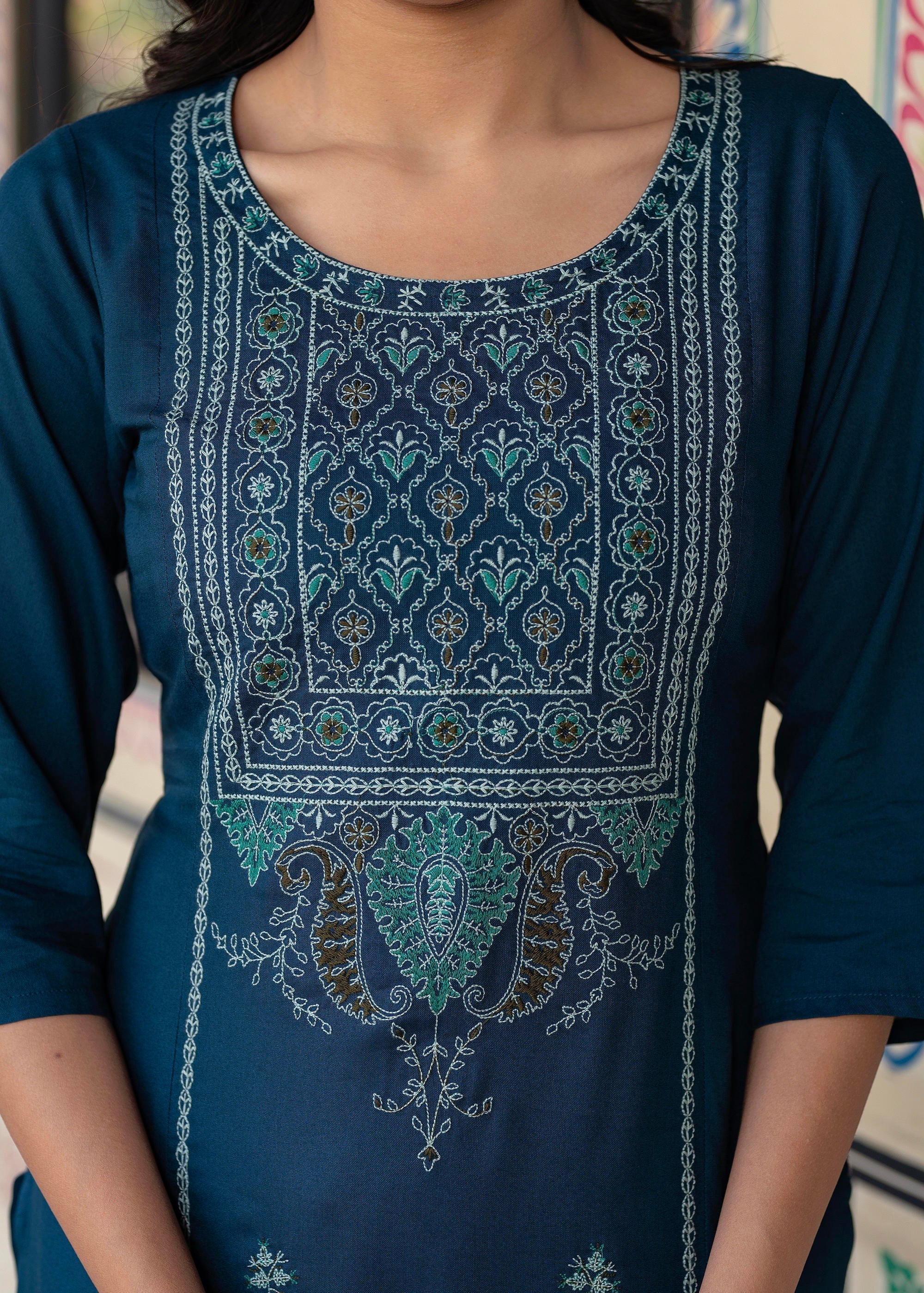 Juniper Blue Viscose Geometric Printed Kurta with Ethnic Motifs & Thread Work