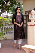 Juniper Dark Coffee Viscose Geometric Printed Kurta with Ethnic Motifs & Thread Work