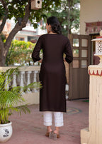 Juniper Dark Coffee Viscose Geometric Printed Kurta with Ethnic Motifs & Thread Work