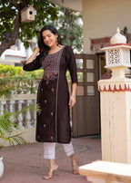 Juniper Dark Coffee Viscose Geometric Printed Kurta with Ethnic Motifs & Thread Work