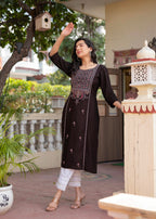 Juniper Dark Coffee Viscose Geometric Printed Kurta With Ethnic Motifs & Thread Work - Distacart