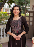 Juniper Dark Coffee Viscose Geometric Printed Kurta with Ethnic Motifs & Thread Work