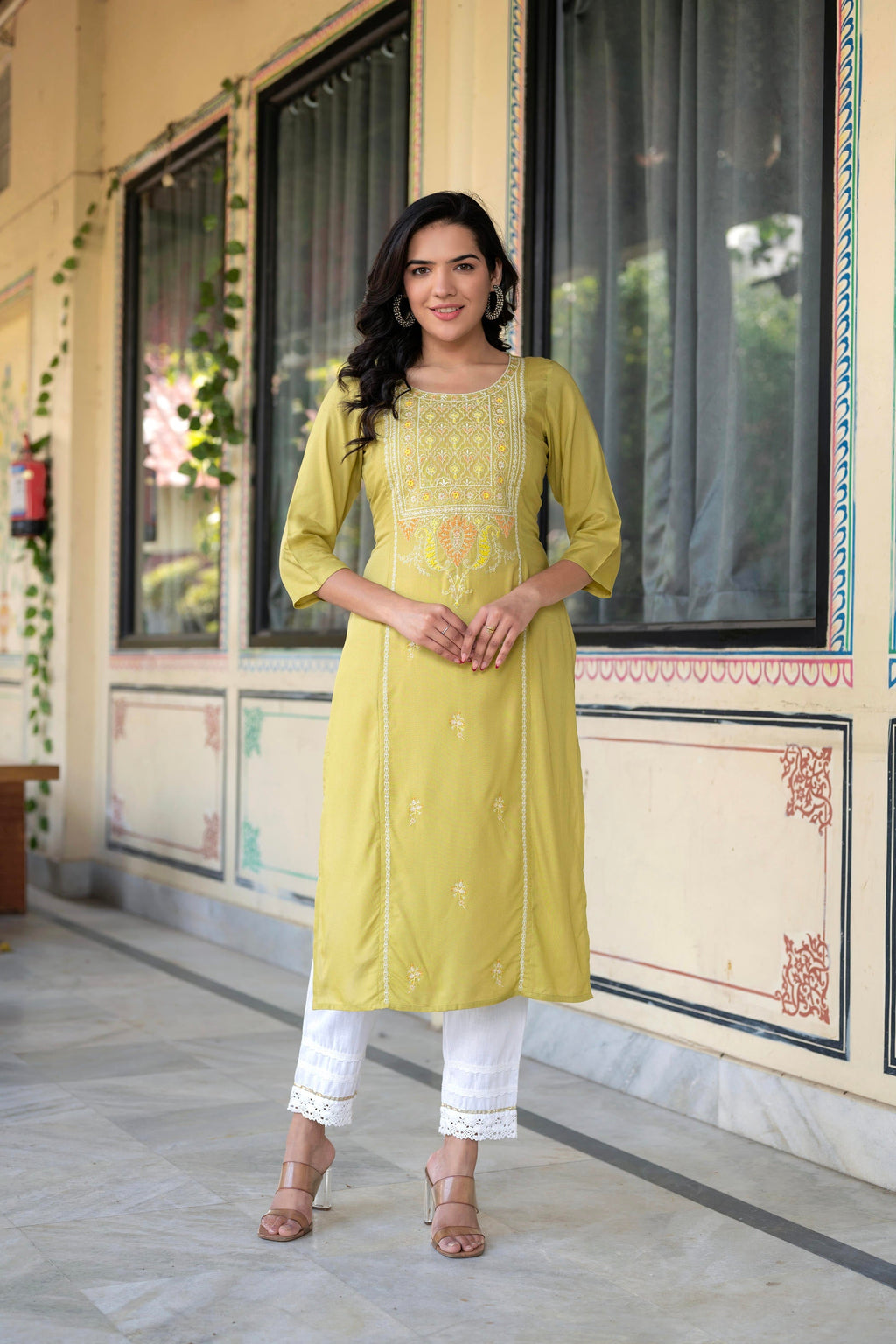 Juniper Lime Viscose Geometric Printed Kurta - Distacart