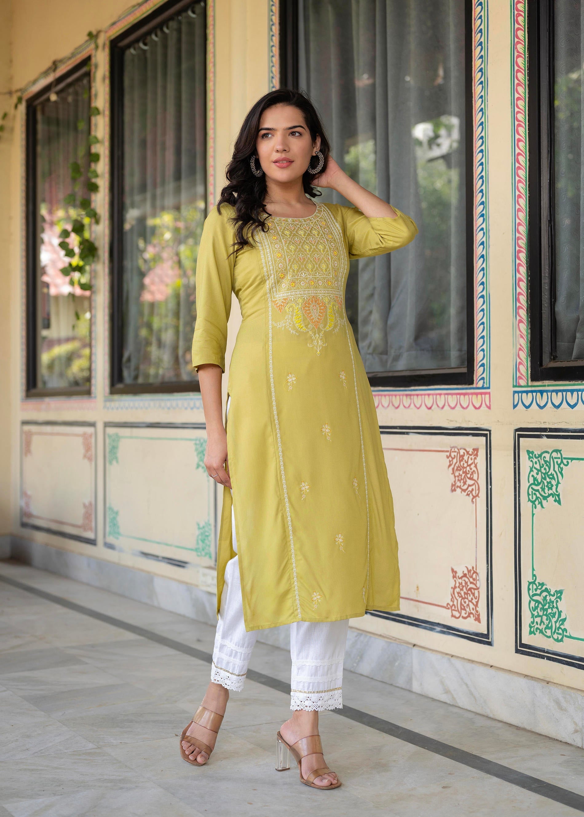 Juniper Lime Viscose Geometric Printed Kurta - Distacart