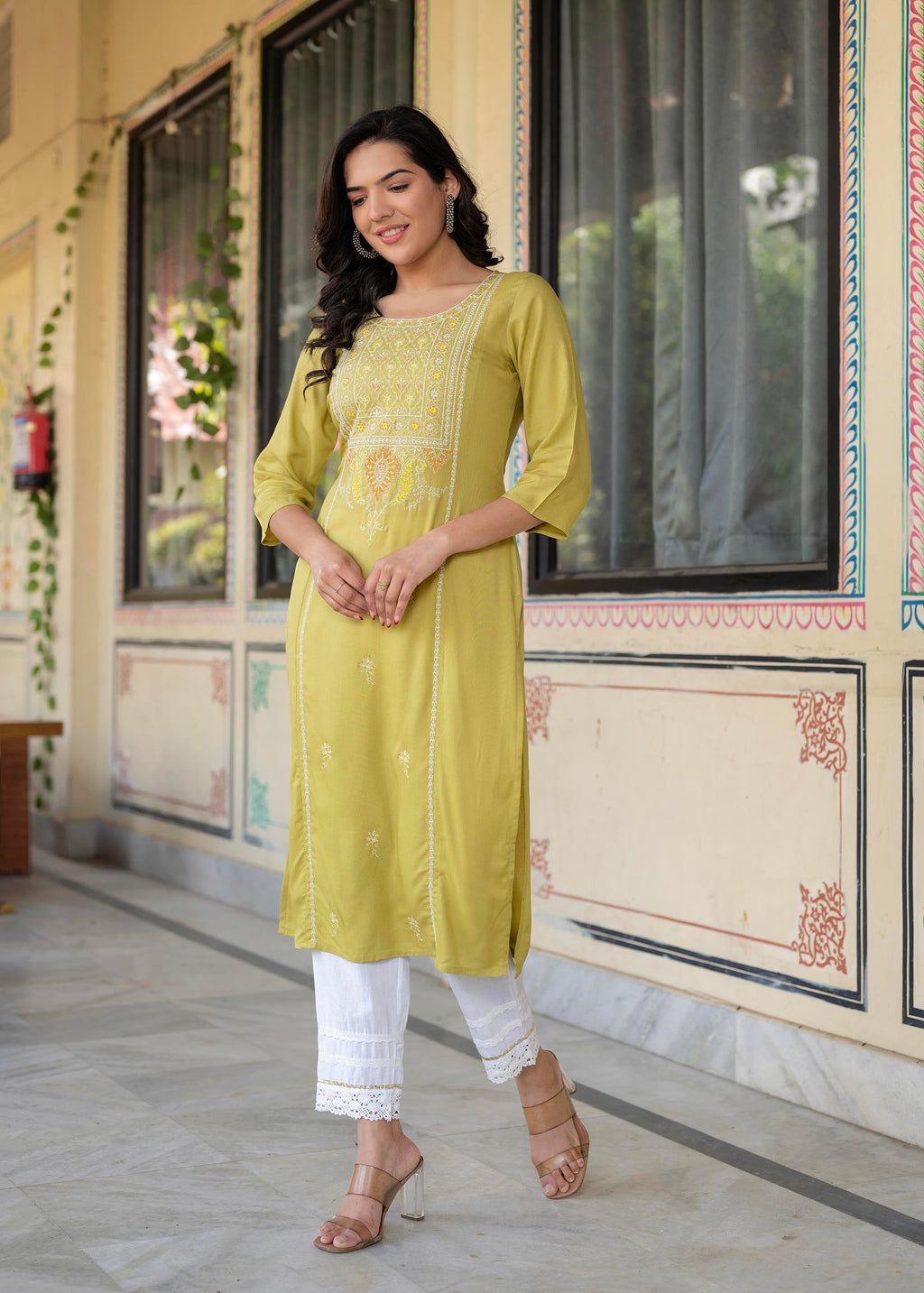 Juniper Lime Viscose Geometric Printed Kurta - Distacart