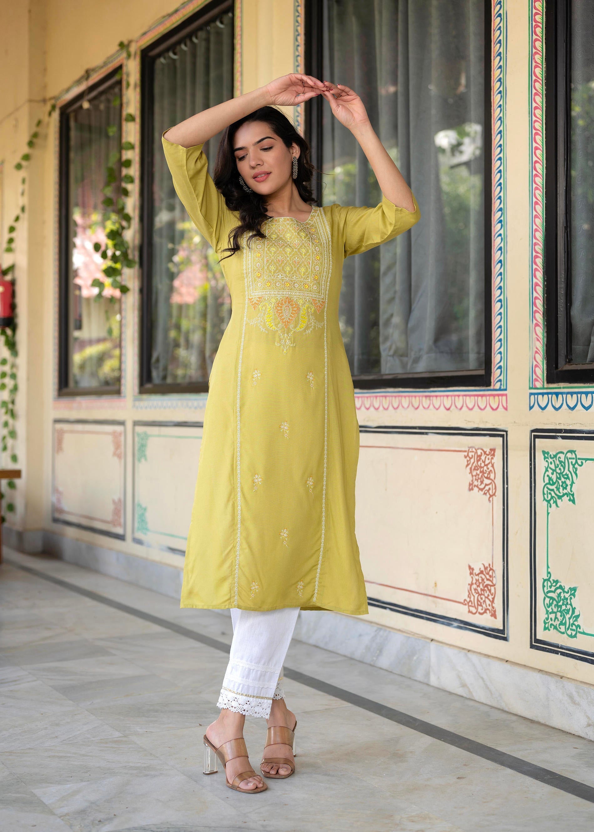 Juniper Lime Viscose Geometric Printed Kurta - Distacart
