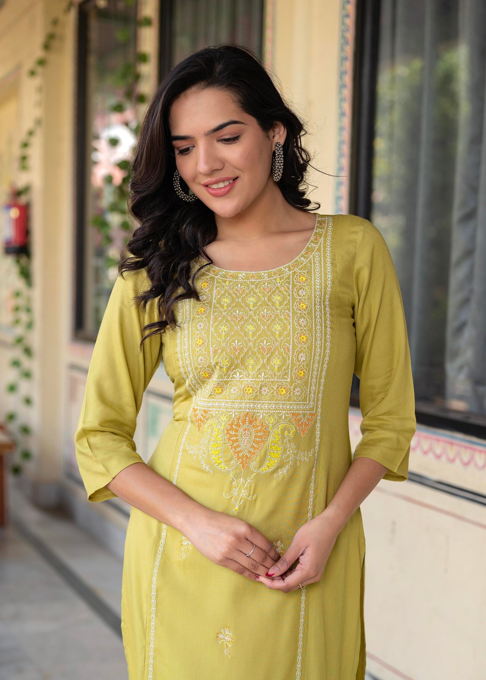 Juniper Lime Viscose Geometric Printed Kurta - Distacart