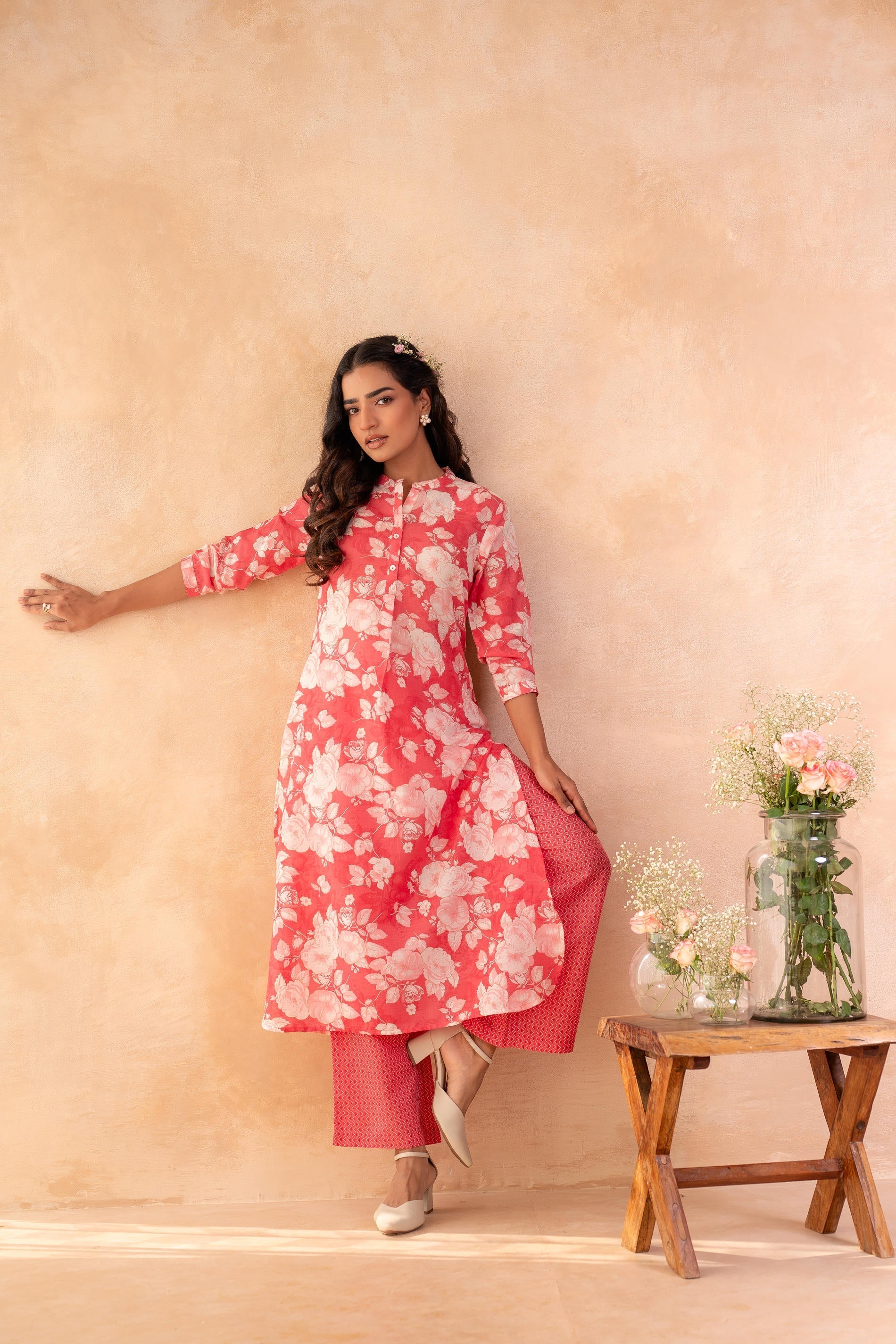 Juniper Red Bloom Floral Kurta And Pant Set - Distacart