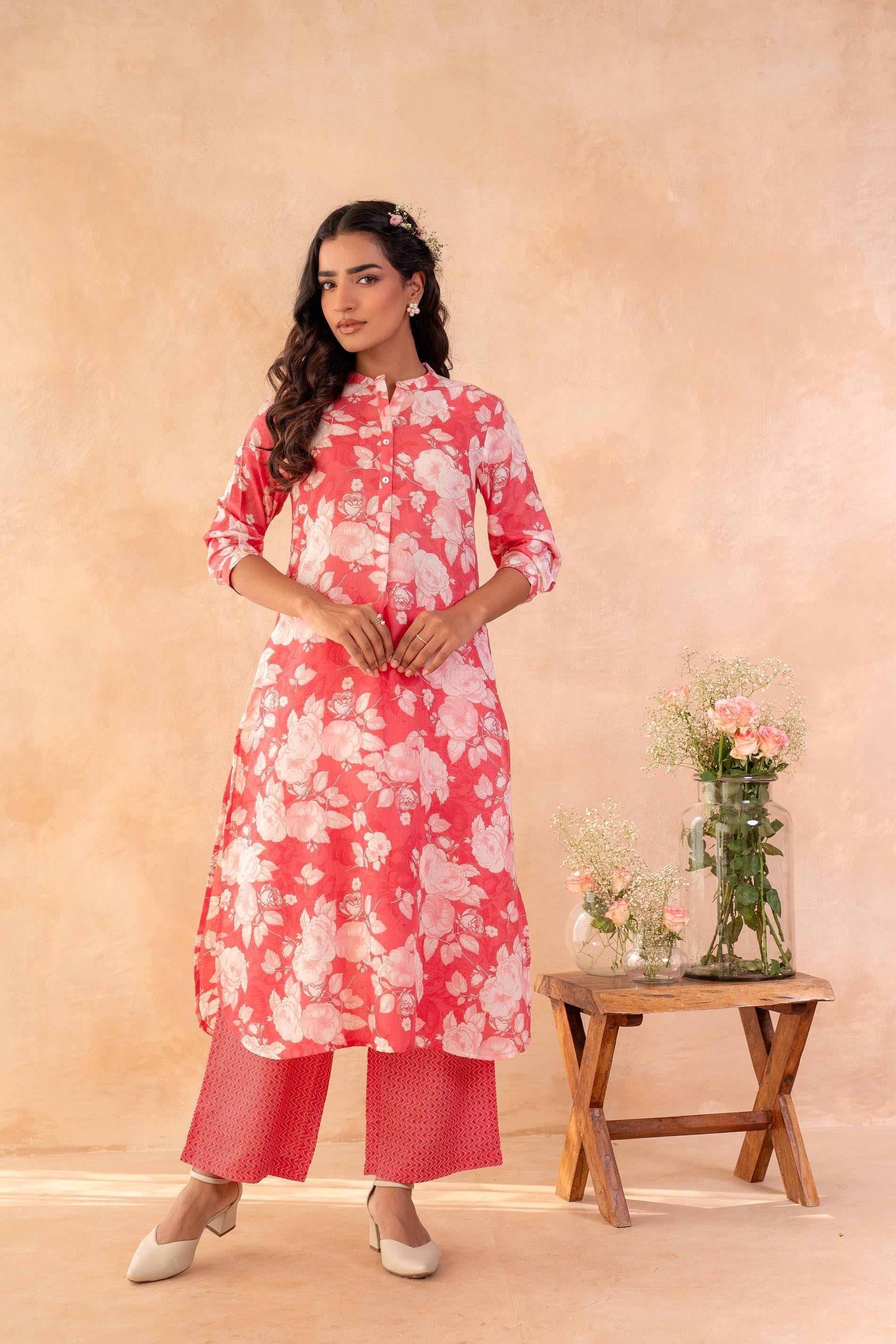 Juniper Red Bloom Floral Kurta And Pant Set - Distacart
