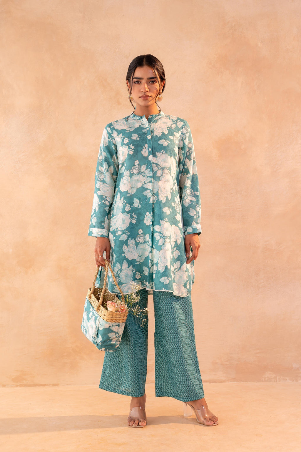 Juniper Teal Garden Bloom Kurta And Pant Set - Distacart