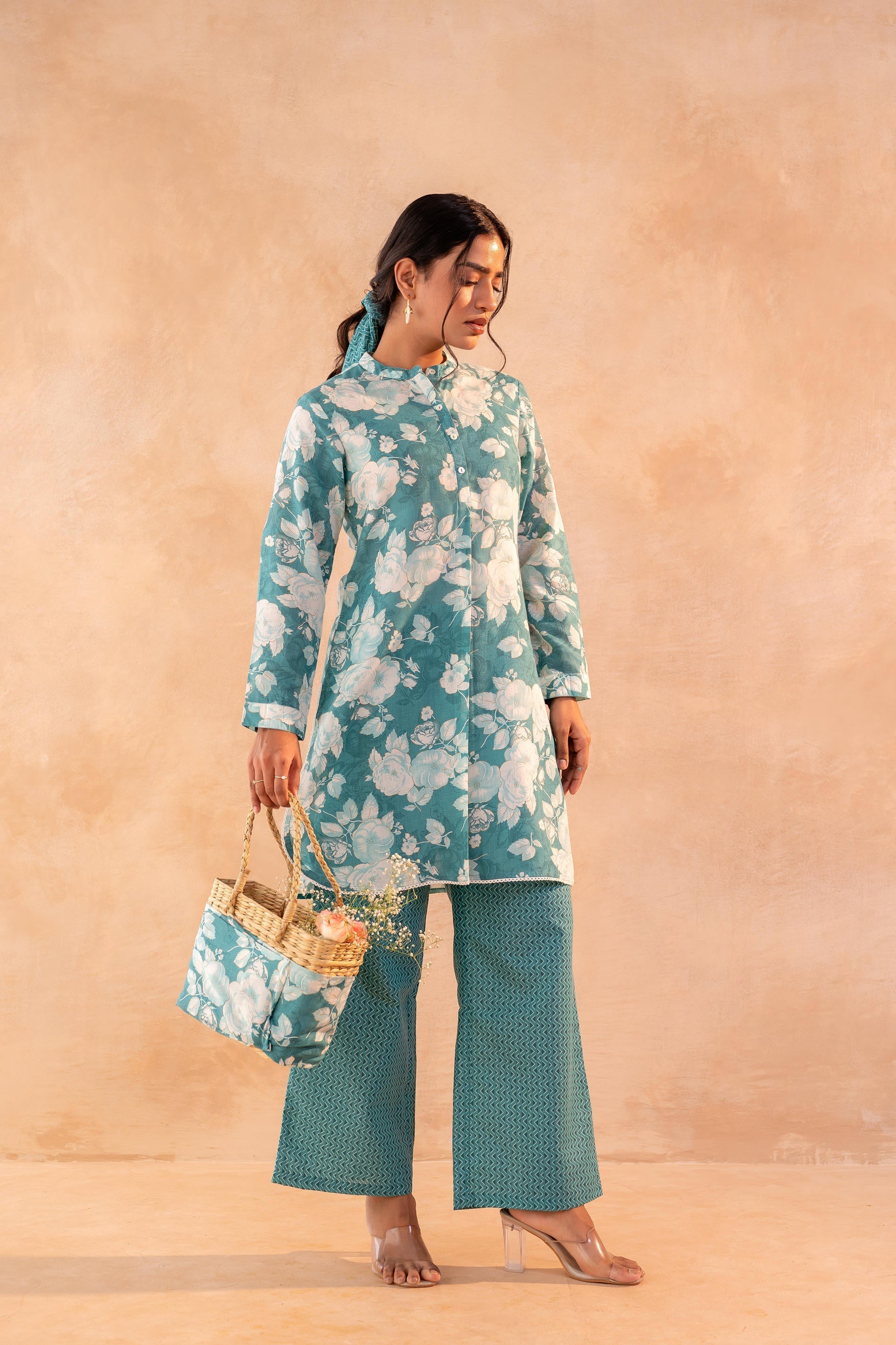 Juniper Teal Garden Bloom Kurta And Pant Set - Distacart