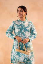Juniper Teal Garden Bloom Kurta And Pant Set - Distacart