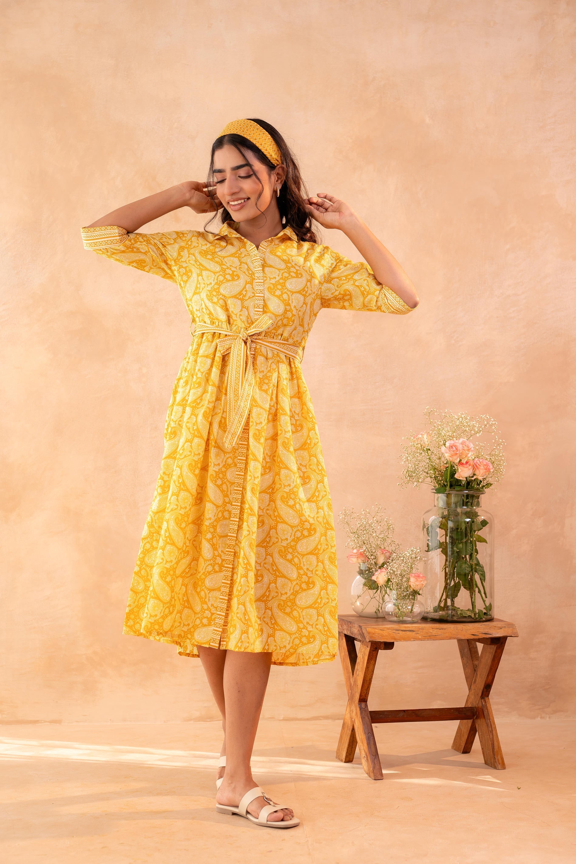 Juniper Haldi Haze Printed Gathered Dress - Distacart