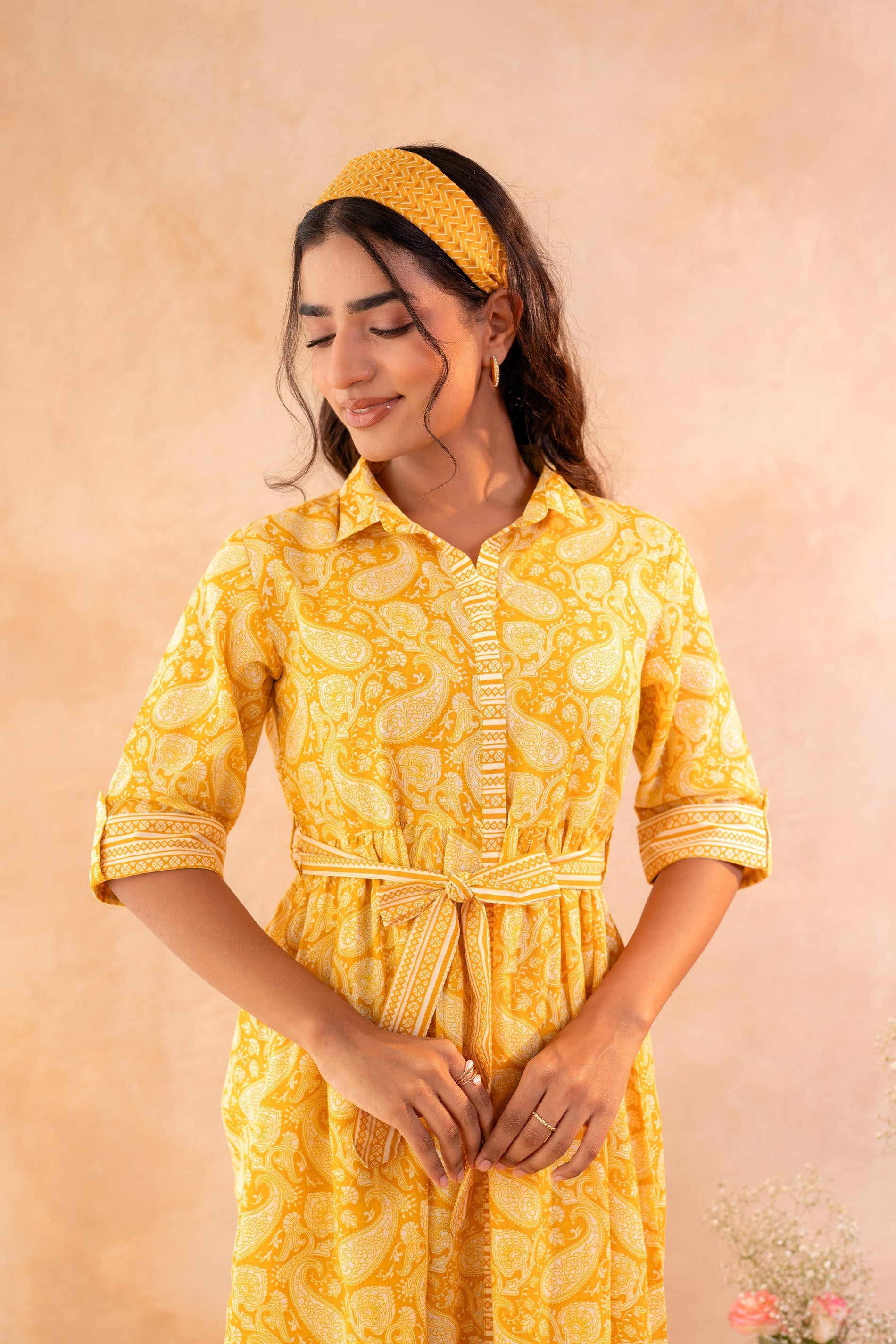 Juniper Haldi Haze Printed Gathered Dress - Distacart