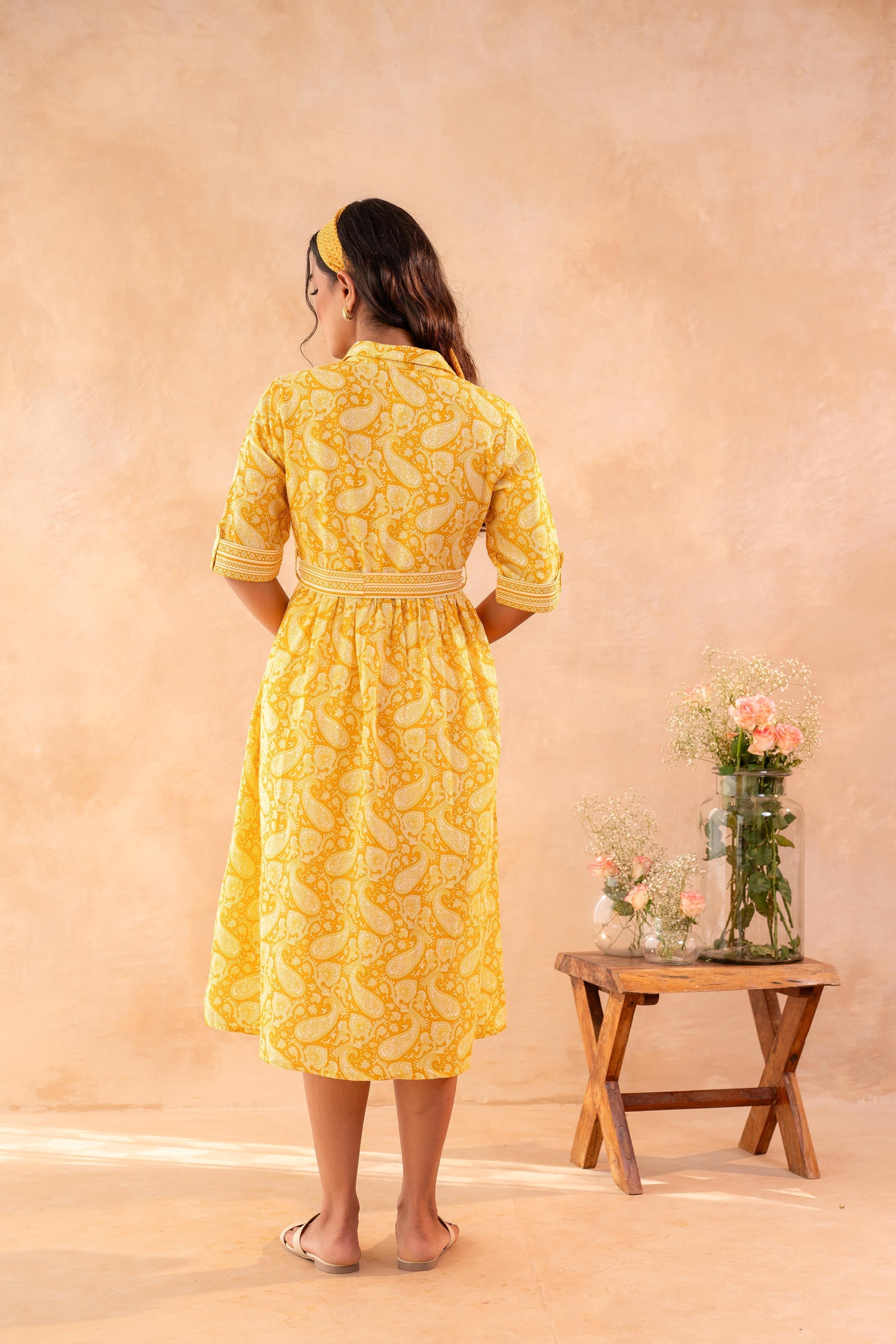 Juniper Haldi Haze Printed Gathered Dress - Distacart
