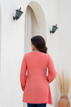 Juniper Coral Solid Viscose Tunic With Buttons & Lace