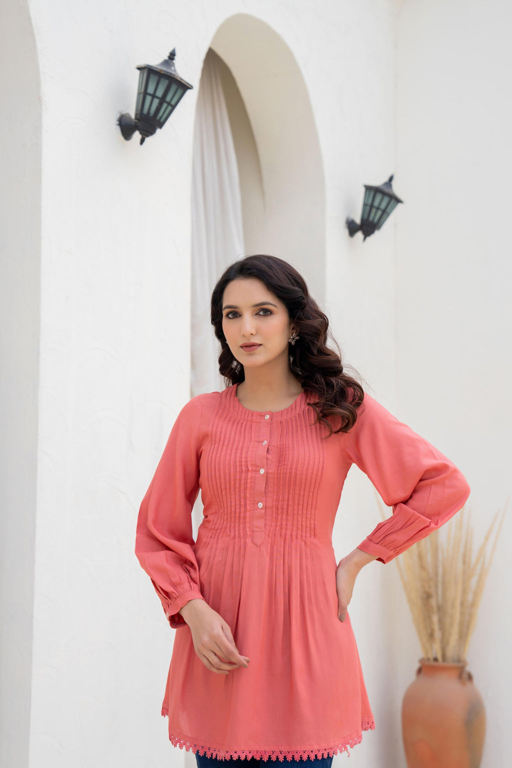 Juniper Coral Solid Viscose Tunic With Buttons & Lace