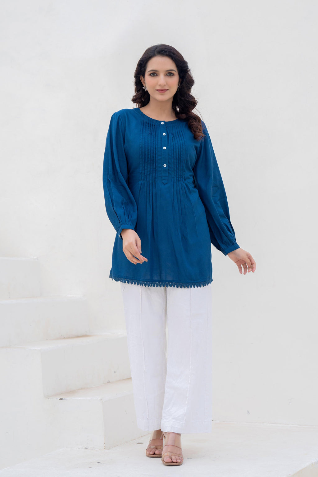 Juniper Navy Solid Viscose Tunic With Buttons & Lace