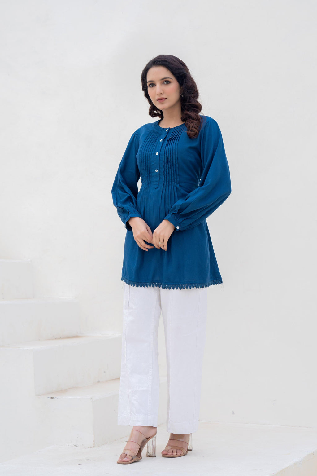 Juniper Navy Solid Viscose Tunic With Buttons & Lace