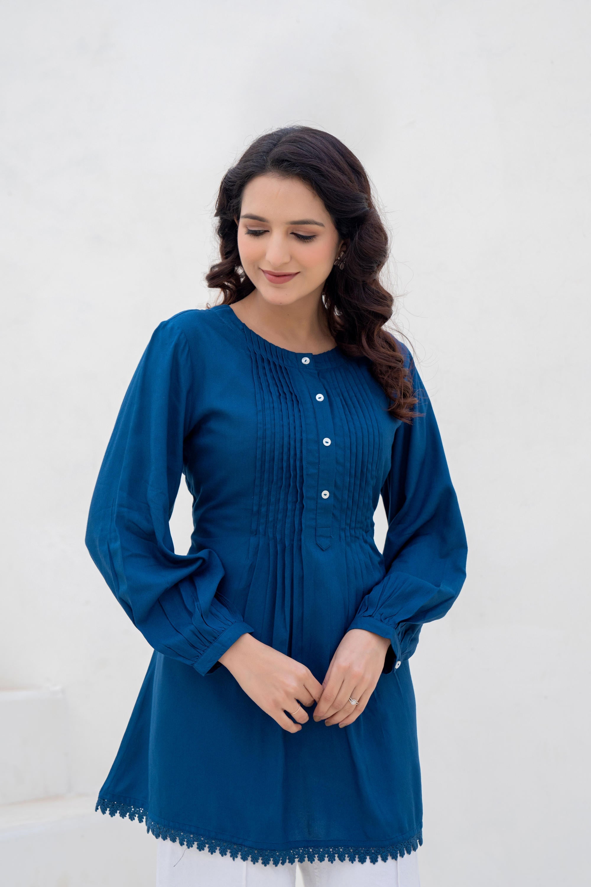 Juniper Navy Solid Viscose Tunic With Buttons & Lace