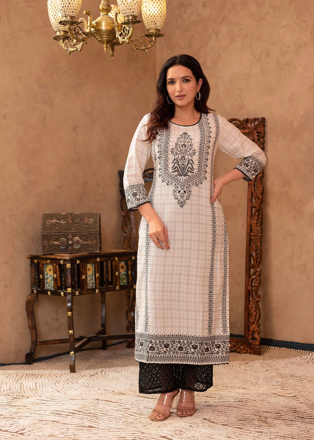 Juniper Black & White Ethnic Motif Printed Viscose Kurta with Cotton Lace & Sequins
