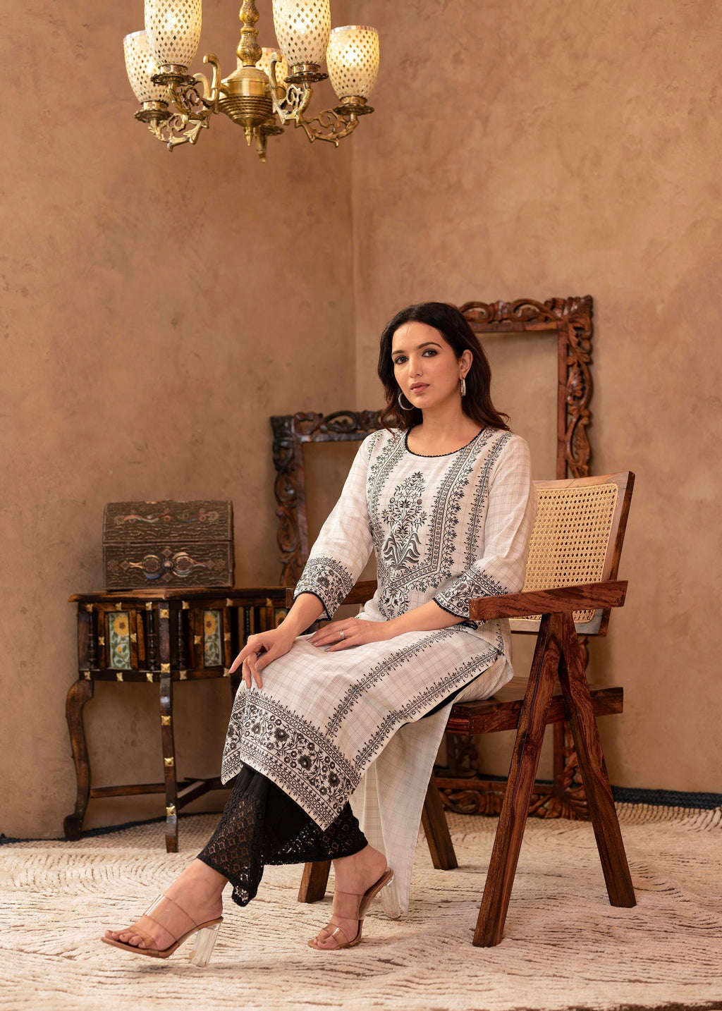 Juniper Black & White Ethnic Motif Printed Viscose Kurta with Cotton Lace & Sequins