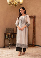 Juniper Black & White Ethnic Motif Printed Viscose Kurta with Cotton Lace & Sequins