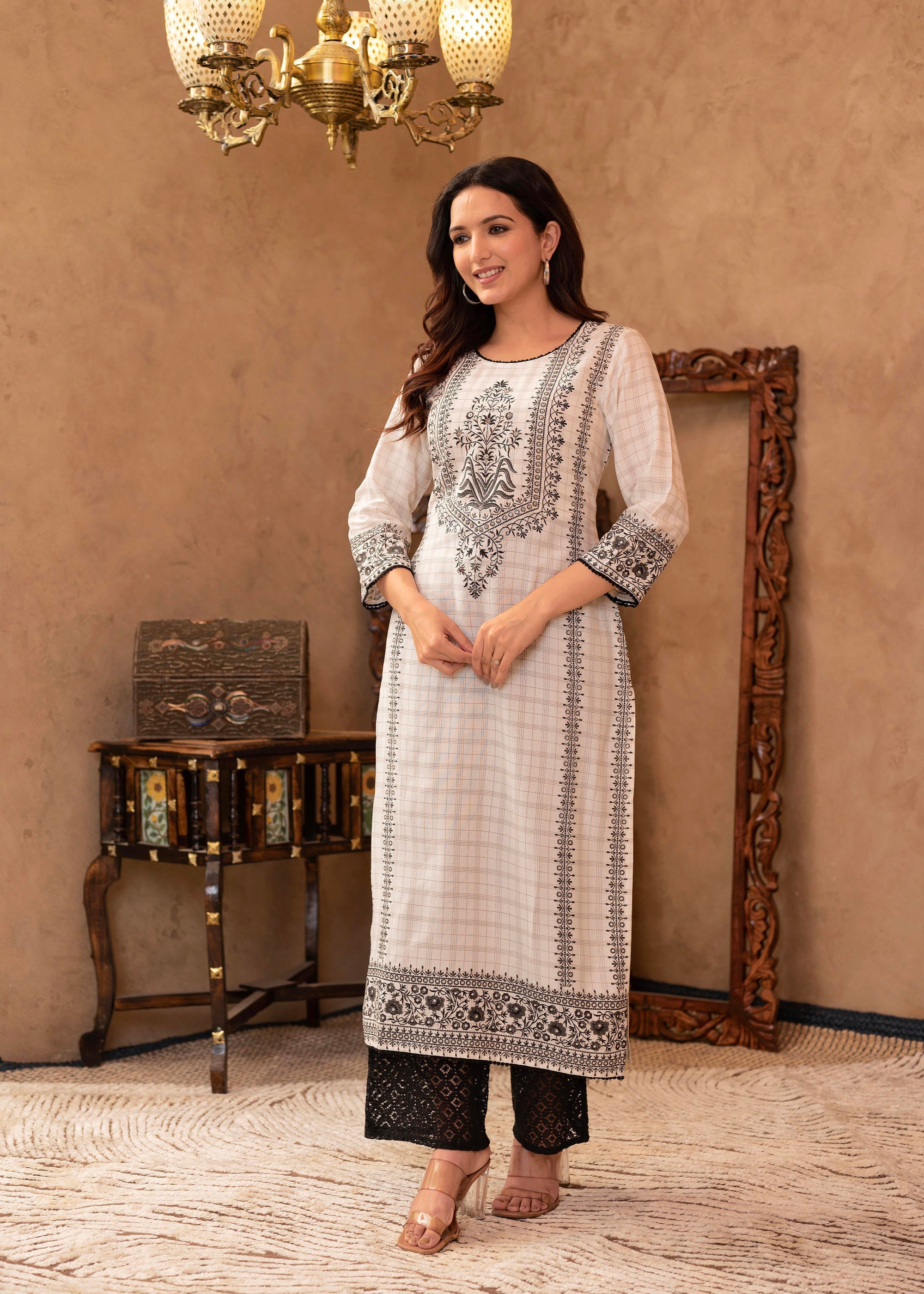 Juniper Black & White Ethnic Motif Printed Viscose Kurta with Cotton Lace & Sequins